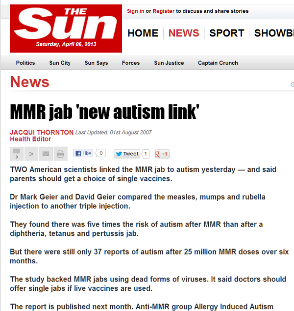 The Sun MMR Jab Autism article 01 August 2007